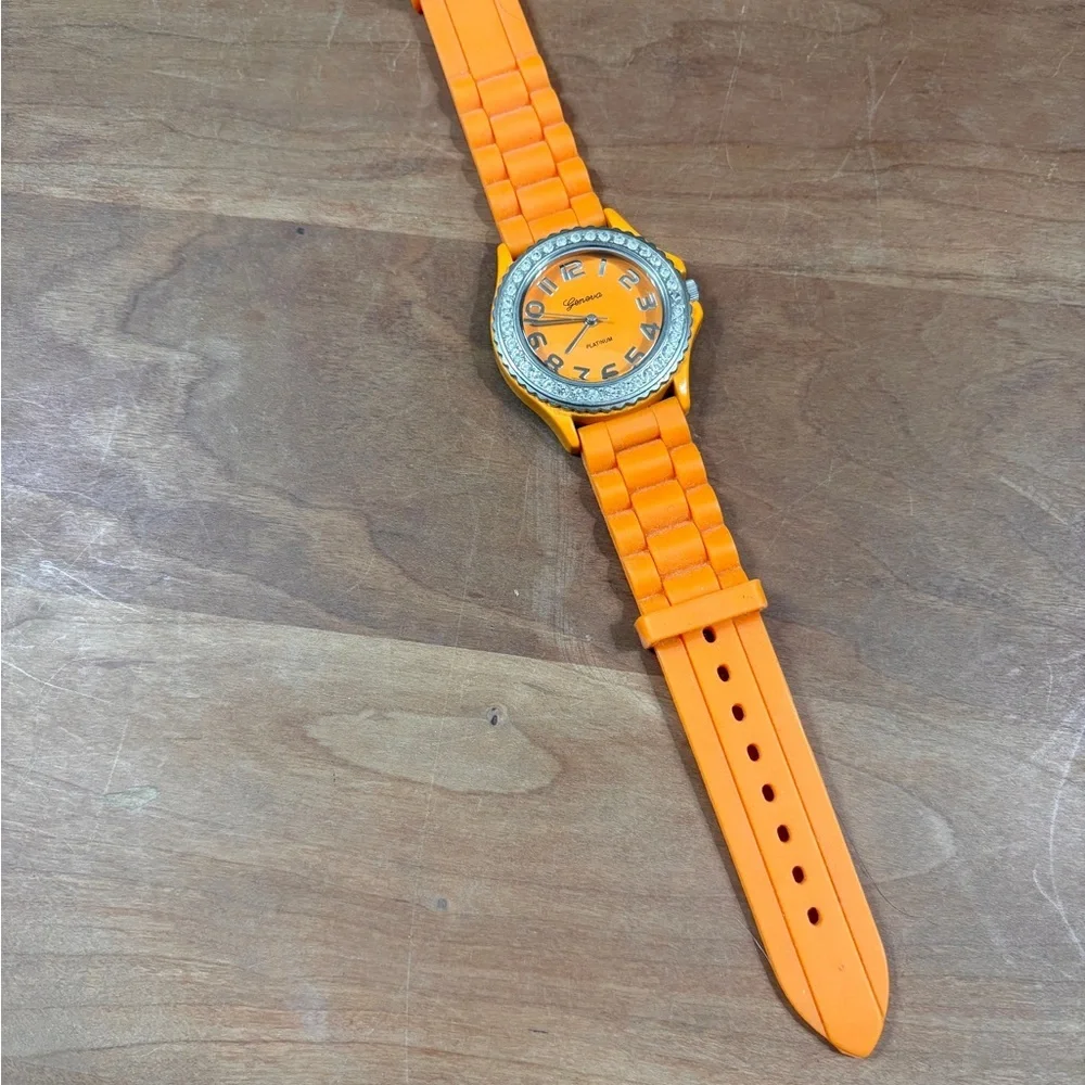 Geneva Platinum Orange Dial Crystal Bezel & Orange Rubber Band Watch